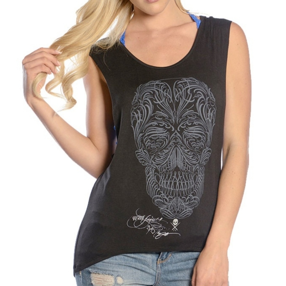 Sullen filigree skull badge backless tank top